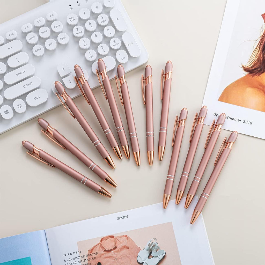 PASISIBICK 12 Pieces Rose Gold Ballpoint Pen with Stylus Tip, 2 in 1 Rose Gold Stylus Pens Stylish Pen, Metal Stylus Pen for Touch Screens, 1.0 mm Black Ink(Pack of 12)