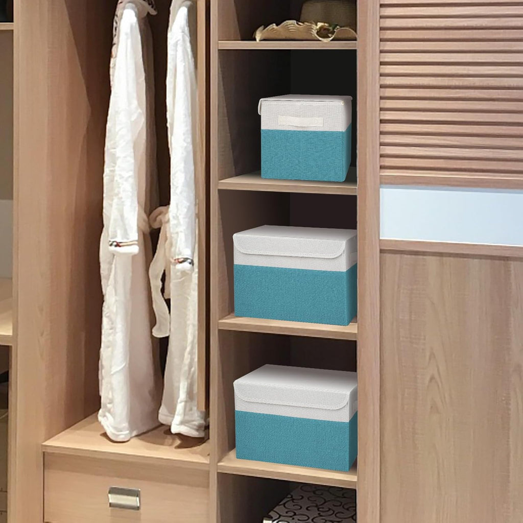 Large 22 Quart Linen Fabric Foldable Storage Bin Cube Organizer Basket with Flip-Top Lid & Handles, Clothes Blanket Box for Home, Office, Closet, Teal & White, 4 Pack 14.6 x 9.5 x 9.5