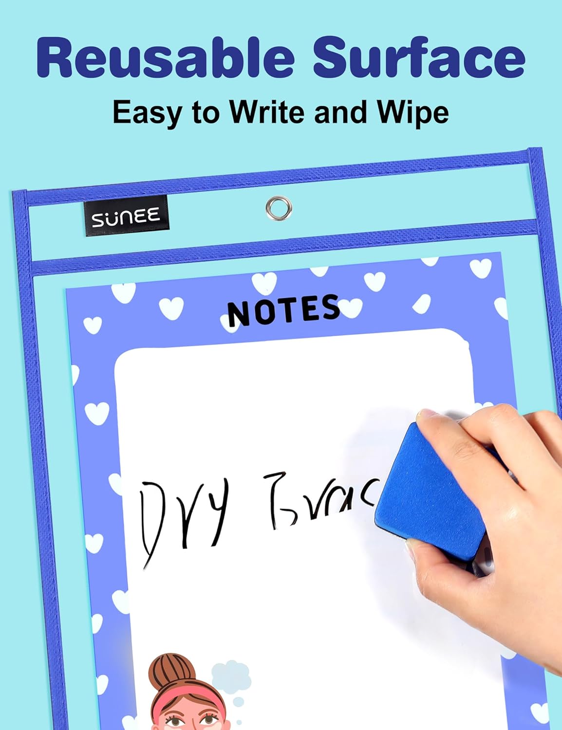 SUNEE 30 Packs Oversized Reusable Dry Erase Pocket Sleeves with 2 Rings, 10 Assorted Colors 10x14 Ticket Holders, Clear Plastic Sheet Protectors, Teacher School Classroom Supplies