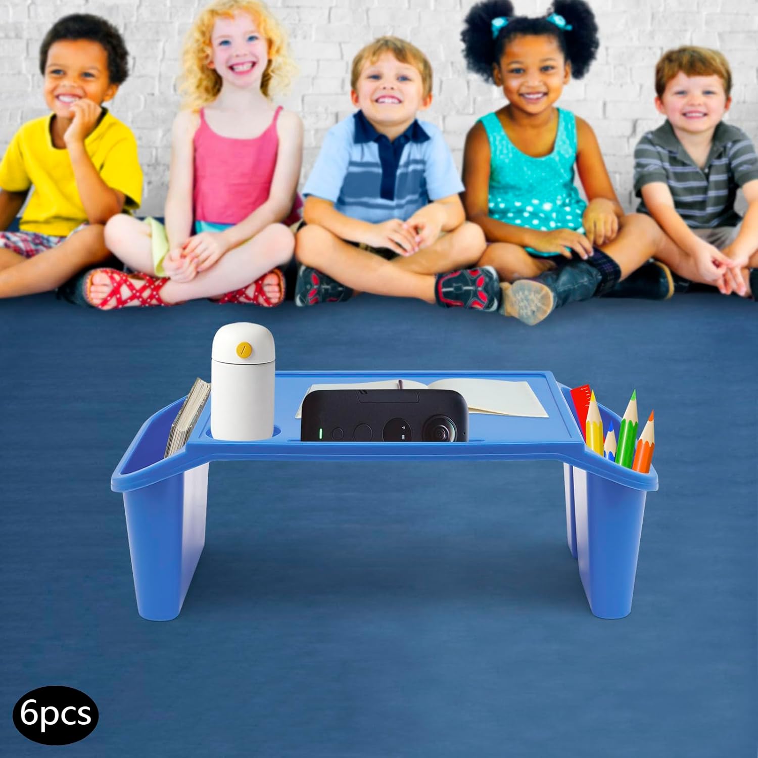 6 Pack Kids Lap Desk Tray with Storage Slots, Portable Lap Desk, Activity Tray, Drawing, Stackable, Writing, Eating, Classroom, 19.69" L x 9.84" W x 7.1" H (Blue)