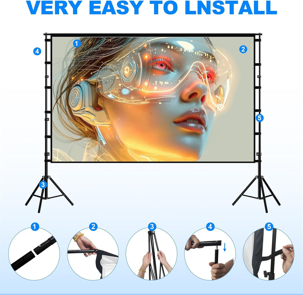 Outdoor Projector Screen with Stand,120 inch Portable Heavy Duty Bracket Large Projector Screen 16:9 4K HD Rear Front Projection Movie Screen with Carry Bag for Home Theater