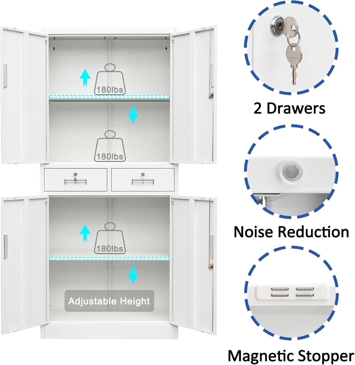 BESFUR Metal Storage Cabinet, Locking Storage Cabinet with Drawers and Adjustable Shelves for Garage, Office, Classroom - White