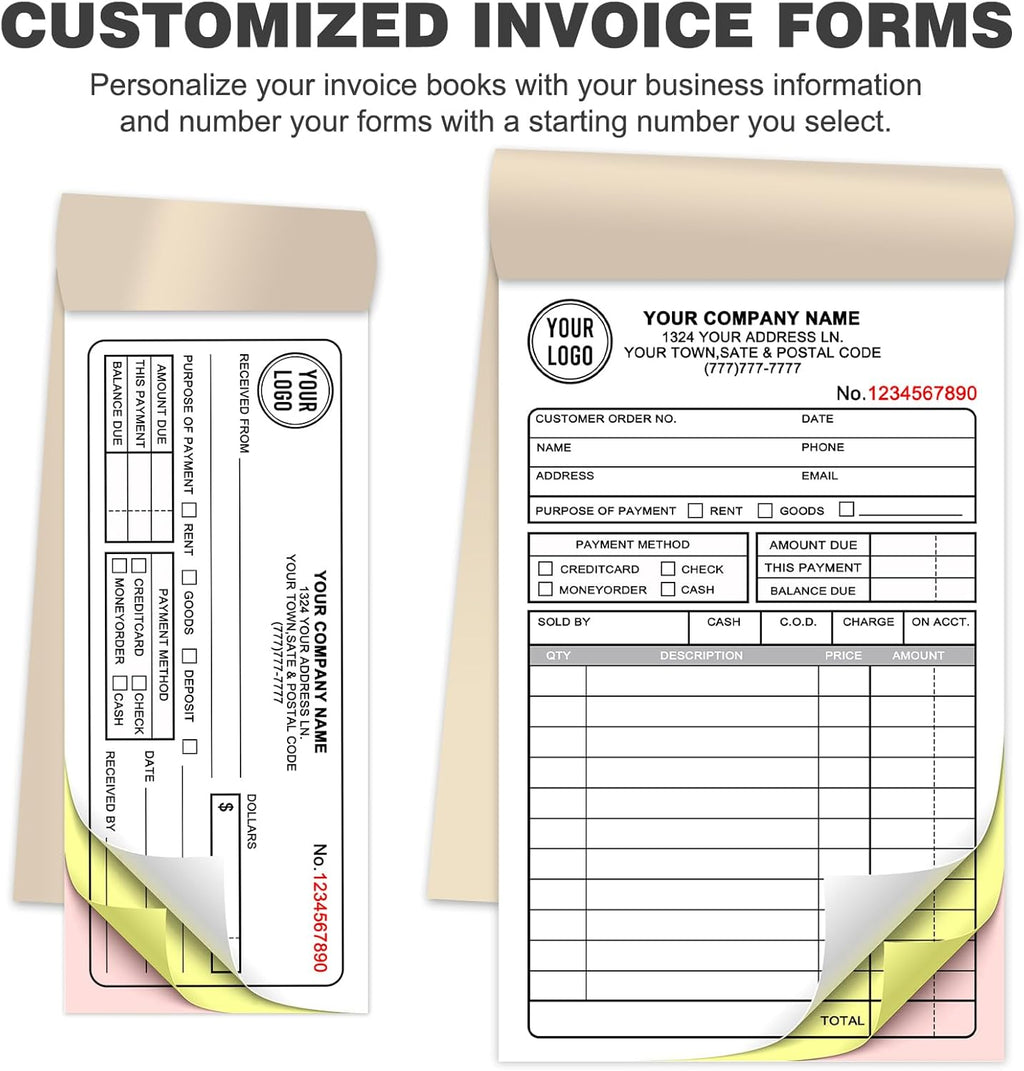 Custom Invoice Receipt Book for Small Business 8.5x11" Personalized 3-Part Contractor Duplicate Carbonless Sales Forms with Company Name Address Phone Number 150 Sets