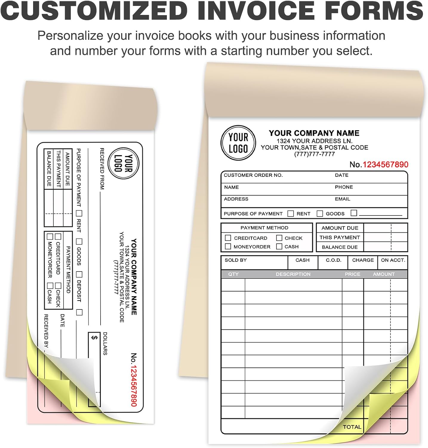 Custom Invoice Receipt Book for Small Business 8.5x11" Personalized 3-Part Contractor Duplicate Carbonless Sales Forms with Company Name Address Phone Number 150 Sets