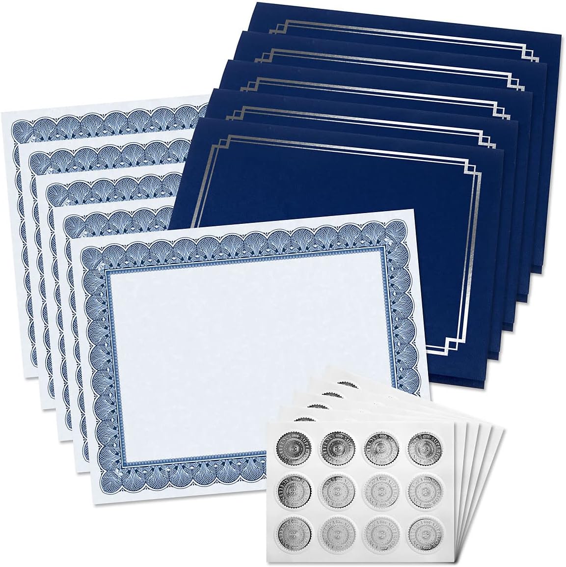 Classic Elite Award Certificate Collection - Includes 25 Certificate Papers (White/Blue), 25 Heavy Linen Folders (Blue/Silver), 25 Silver Foil Seals, Laser & Inkjet Printer Compatible
