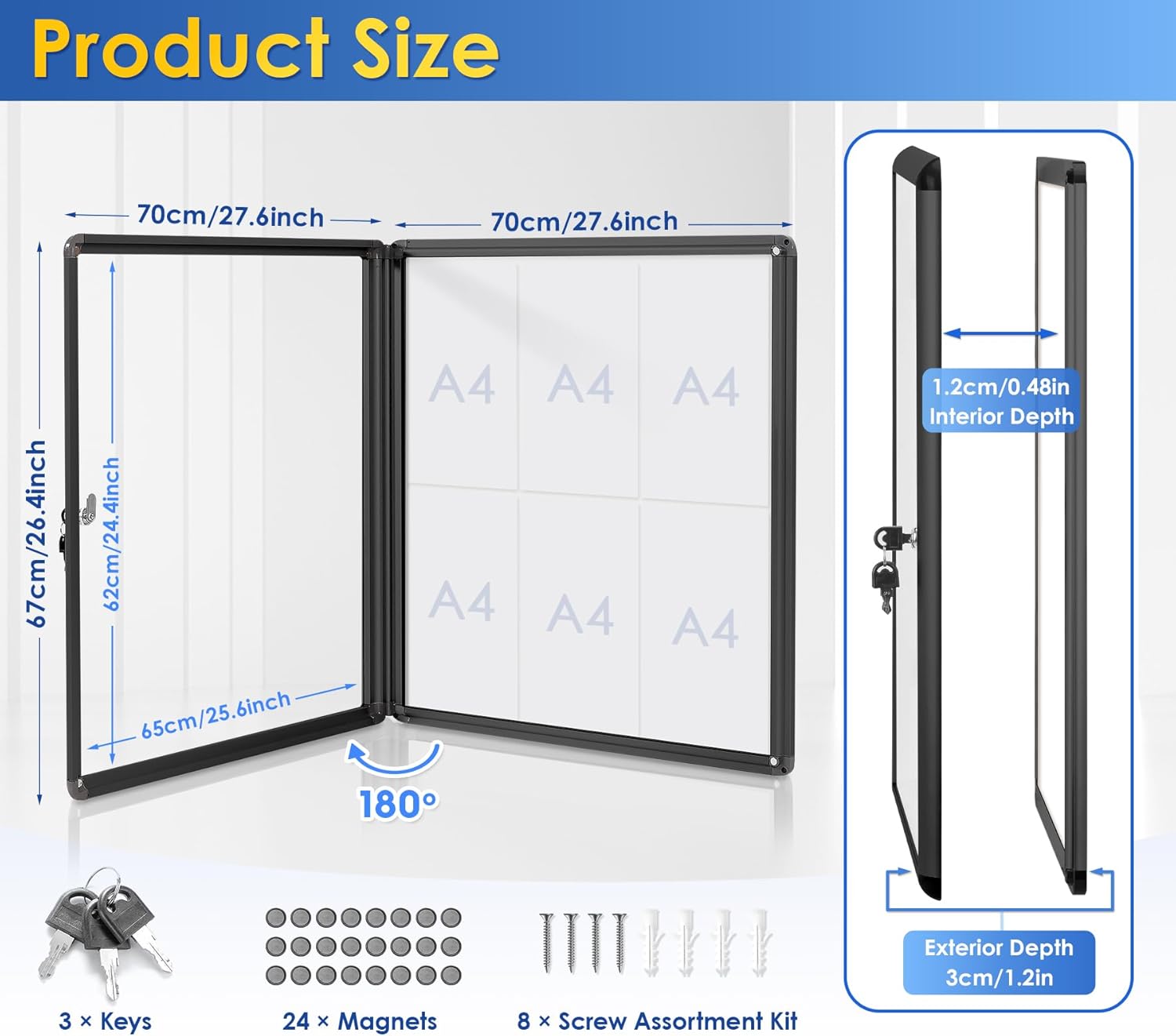 SWANCROWN Lockable Bulletin Boards Black Frame Enclosed Display Case,with Magnets,for School Message Notice 28x26inch(6XA4)