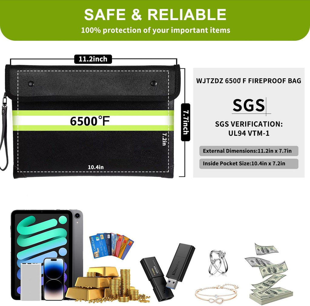 6500°F Fireproof Document Bag,Upgraded Fireproof Money Bag with Waterproof Zipper,10 Layers Heat Insulated Materials/Reflective Strip with Handle for Important Documents