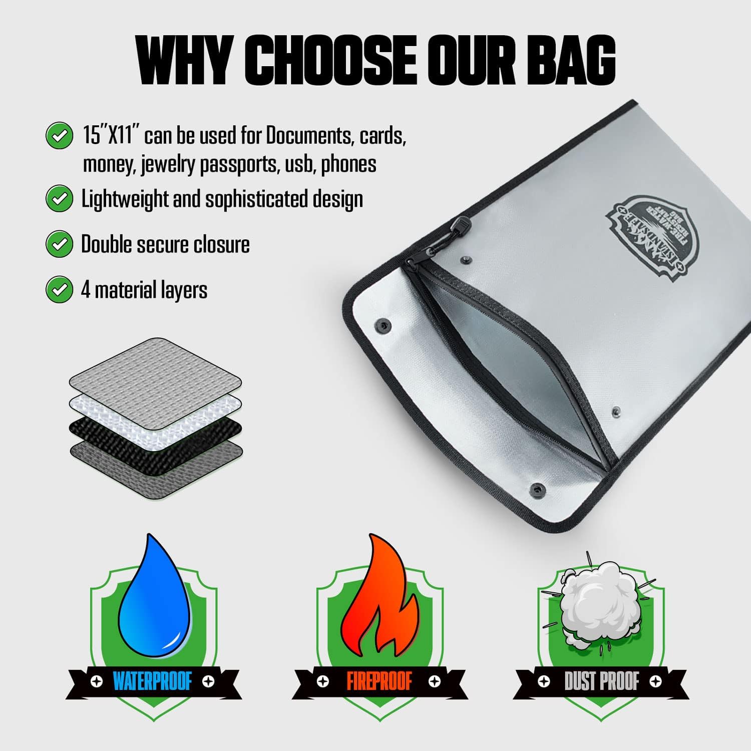 Fireproof Document Bag, Waterproof Money Bag Pocket with Zipper Closure, Storage Pouch for Valuables, A4 A5 Document File, Cash, Credit Card, Passport (Grey, 13 x 9 inch)