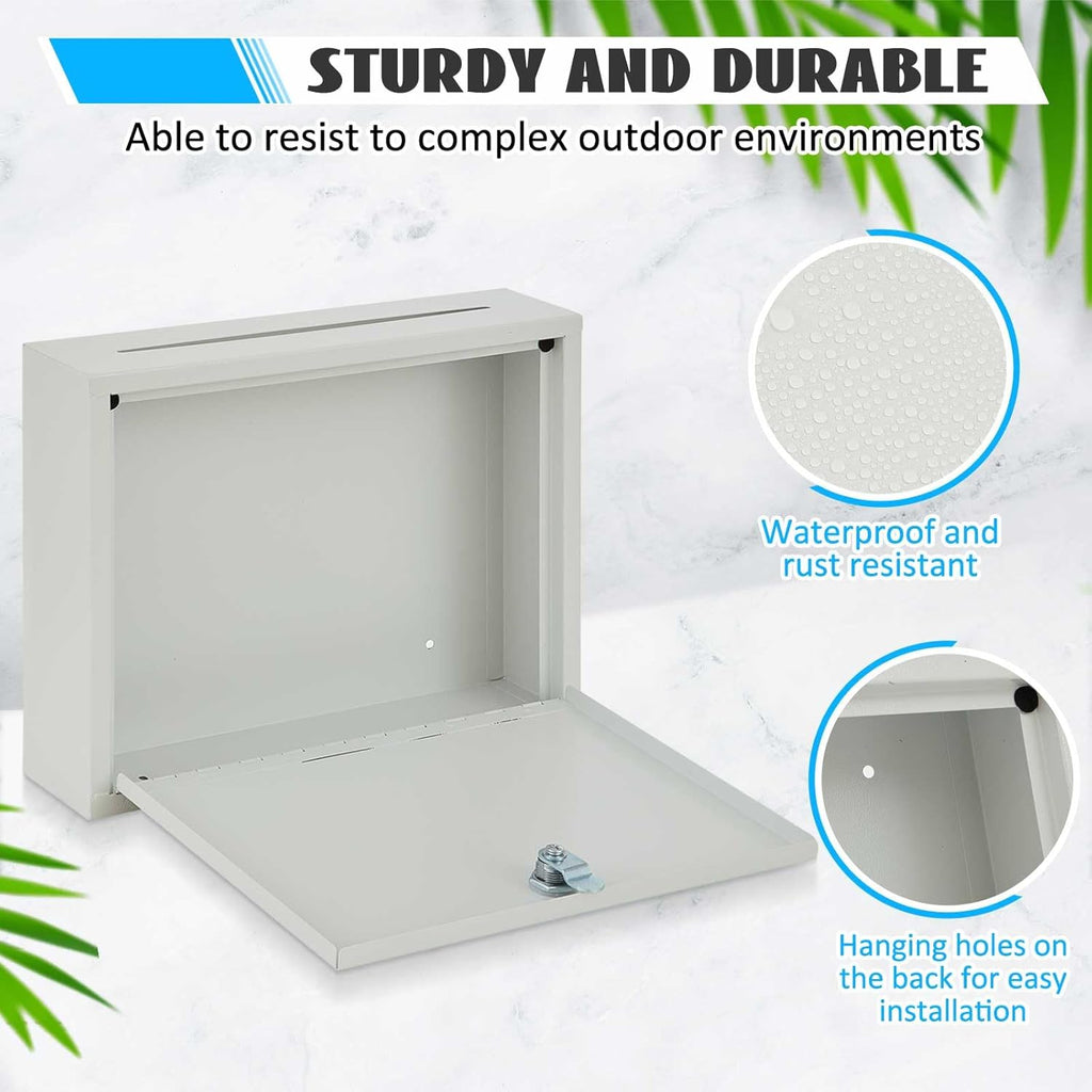 Metal Donation Box Suggestion Box with Slot and Lock-Cash for Money-Waterproof Drop Comment and Ballot Voting for Easy Wall mounting(White,12 x 10 x 3 Inches