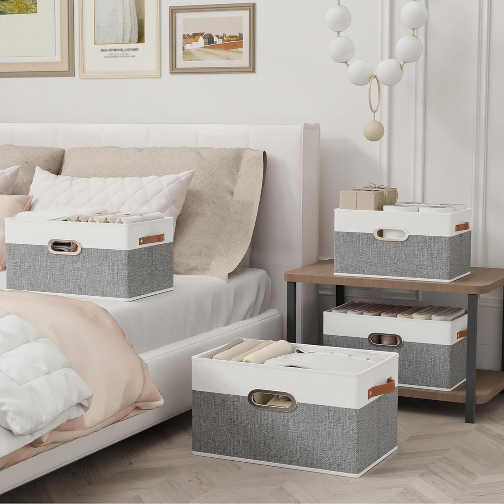Yawinhe Fabric Storage Baskets, Foldable Closet Organizer for Shelves, Large Boxes with 3 Handles, Canvas Bins for Clothes, White/Grey, 12.99''Lx9.05''Wx7.87''H, 4-Pack