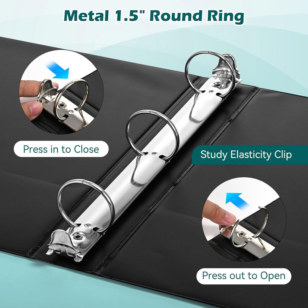 3 Ring Binder 1.5 Inch 6 Pack, 1-1/2" Clear View with Round Rings, PVC-Free,Holds for 325 Sheets 8.5X 11 US Letter Size Paper, Durable Black Perfect for Office,School and Home