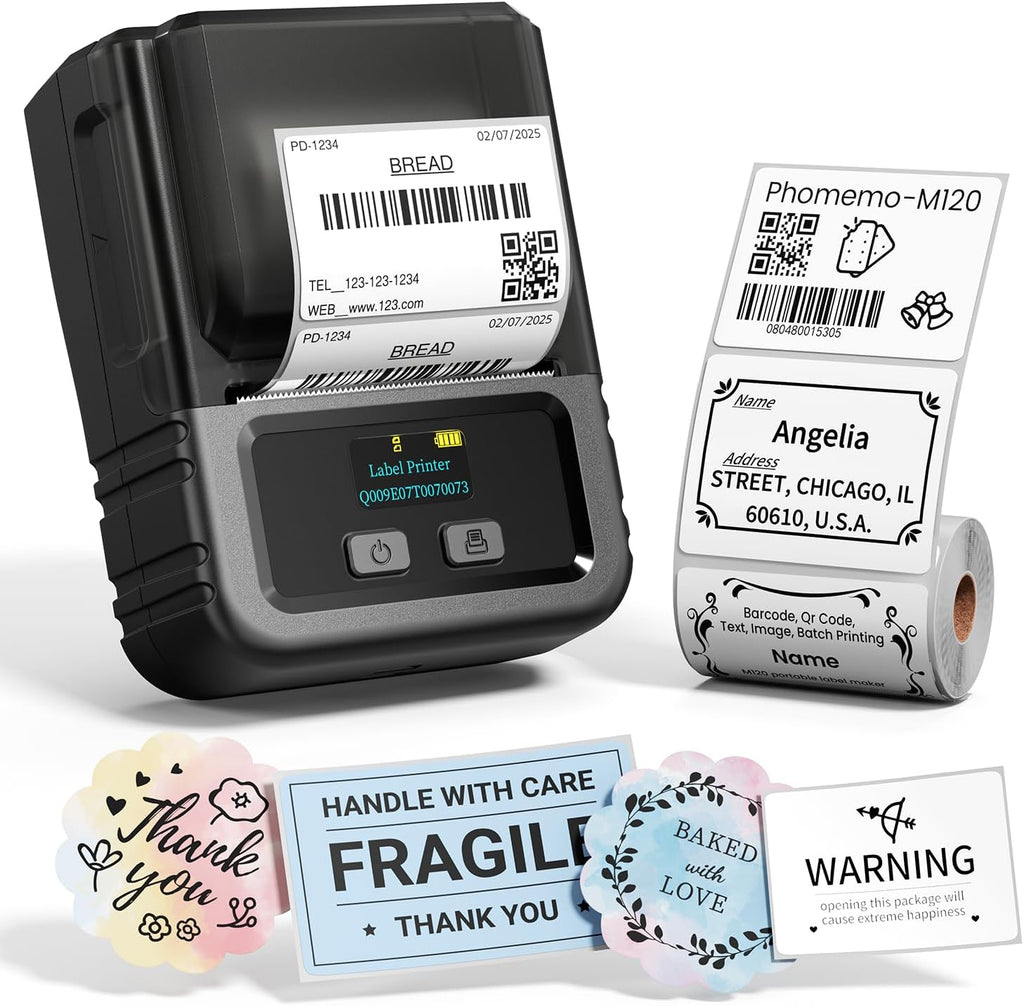 Phomemo M120 Label Maker, 2 Inch Barcode Printer, Portable Thermal Label Maker for Small Bussiness, Barcode, QR Code, Name, Address, Logo, Clothing, Office, Home, Sticker Printer for Phone/PC/Tablet