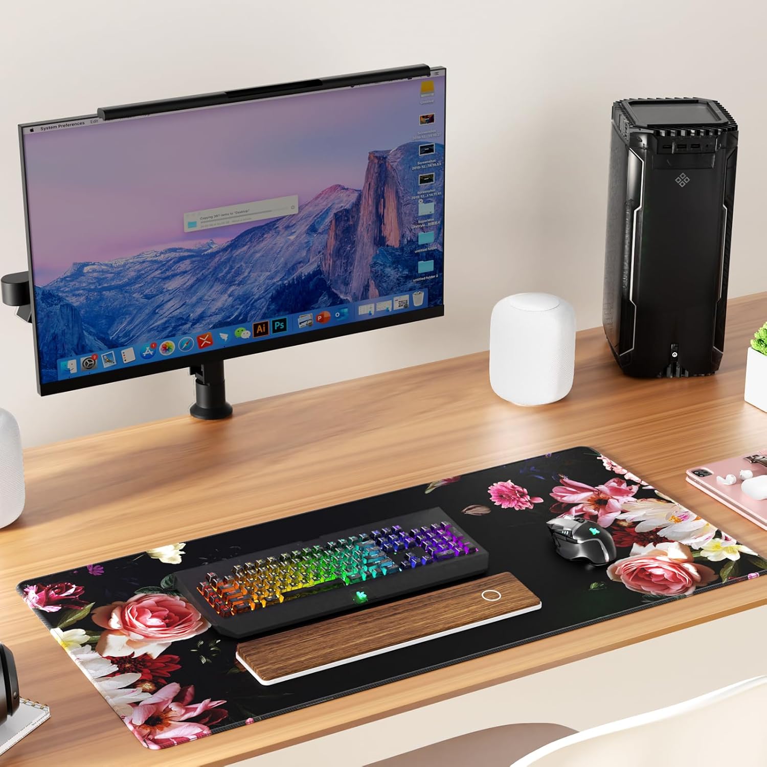 KTRIO Large Gaming Mouse Pad with Stitched Edges, Extended Mousepad with Superior Micro-Weave Cloth, Non-Slip Base, Water Resist Keyboard Pad for Gamer, Office & Home, 31.5x15.7in, Peony Flower