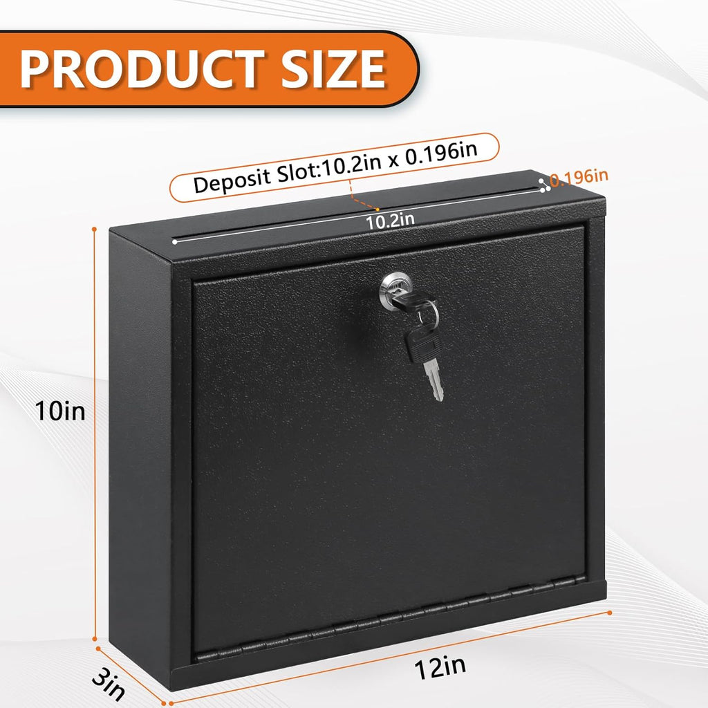 KYODOLED Suggestion Box with Lock and Slot, Wall Mounted Small Mailbox for Office, Key Drop Box with 50 Free Suggestion Cards, Safe Lock Box, Ballot Box, Donation Box, 3W x 10H x 12L Inch, Black