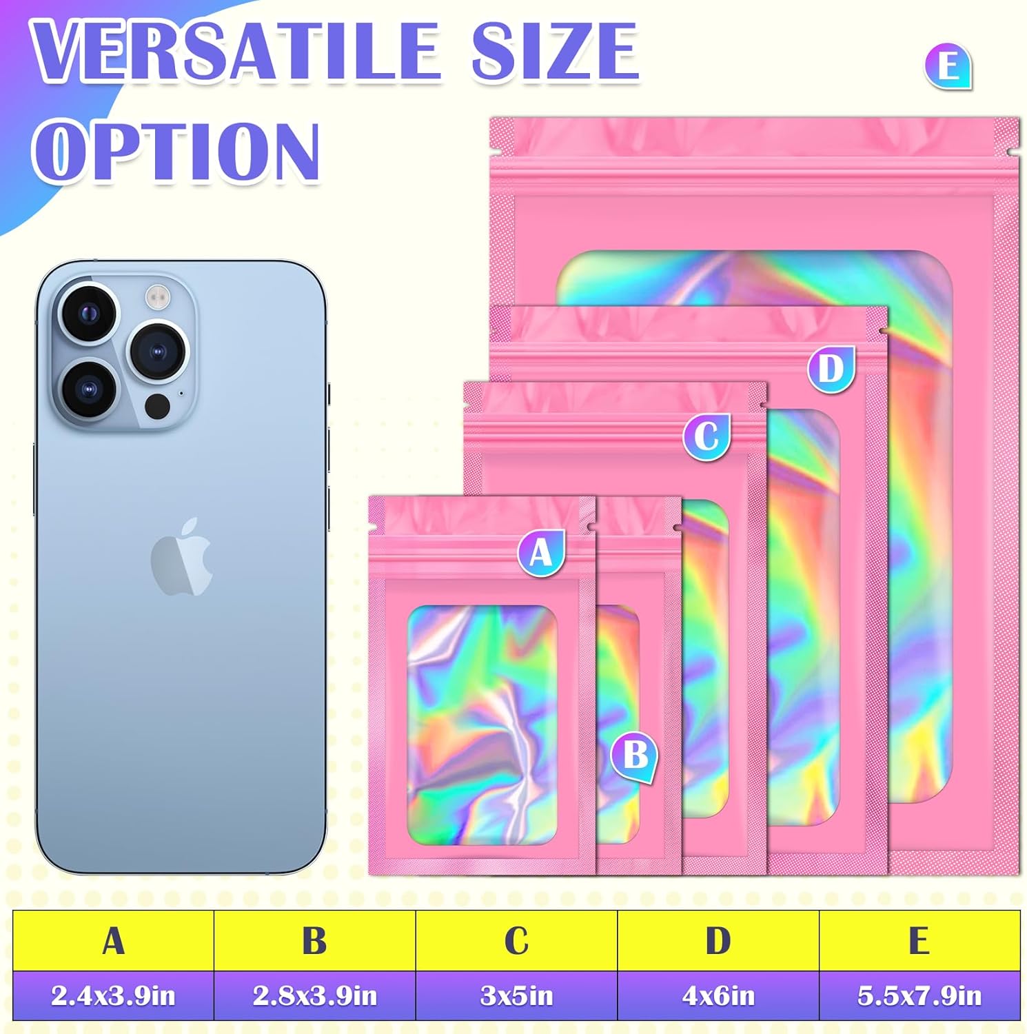 100 PCS Mylar Bags, Pink Holographic Bags, Smell Proof Bags, Resealable Bags for Small Business, Sealable Bags for Packaging, Foil Pouch Bags for Food Storage, Bracelets, Jewelry（2.4x3.9in）