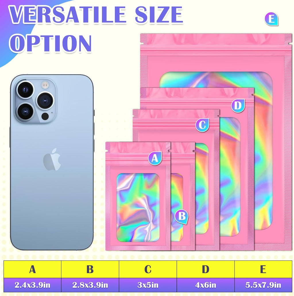 100 PCS Mylar Bags, Pink Holographic Bags, Smell Proof Bag, Sealable Bag for Packaging, Foil Pouch Bag for Food Storage, Bracelets, Jewelry（2.8x3.9in）