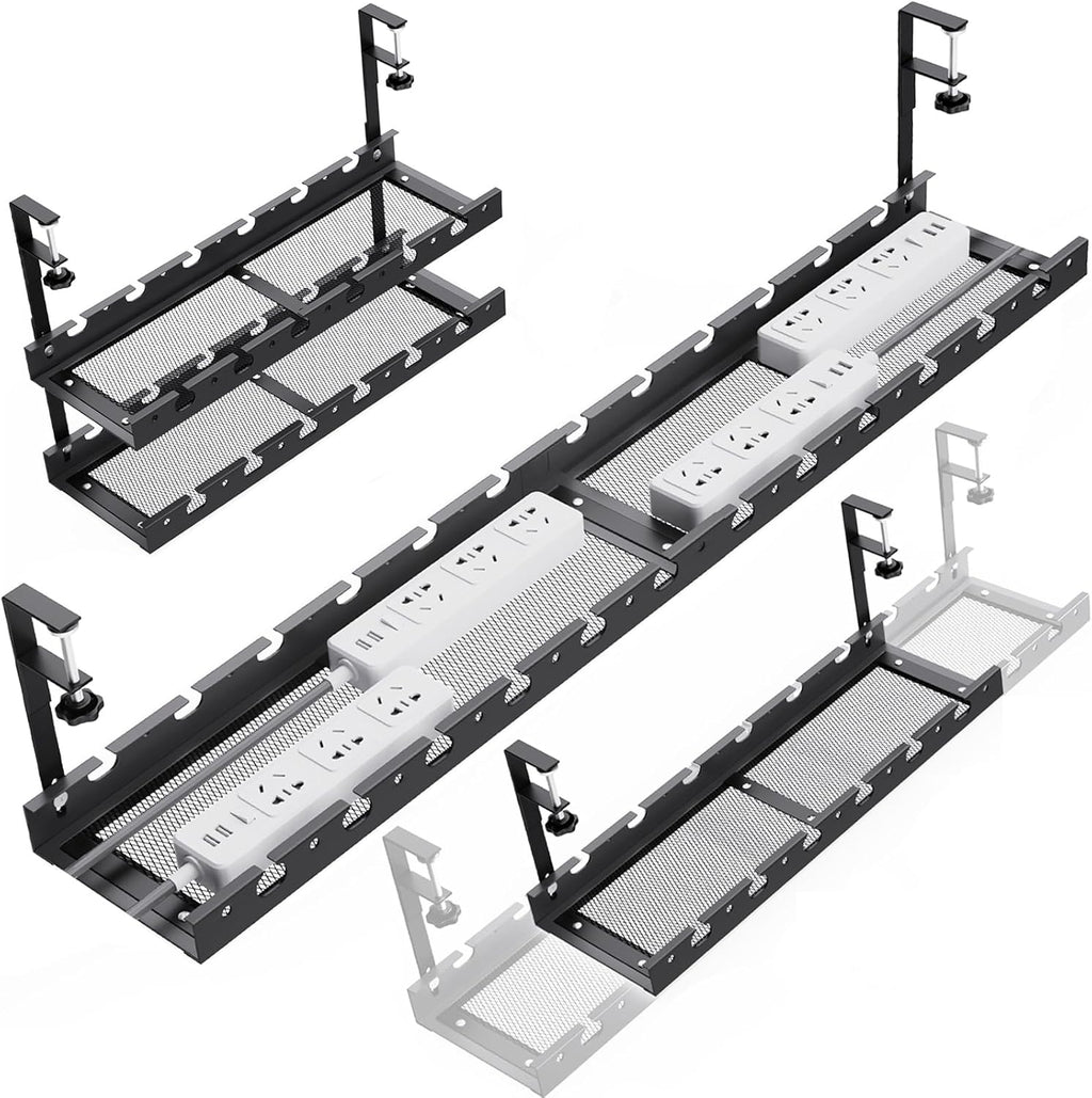 31Inch Extendable Under Desk Cable Management Tray Multi-Model Metal Cable Management Tray Under Desk Cord Management with Clamp Power Strip Cord Holder for Wire Cable Management, Black