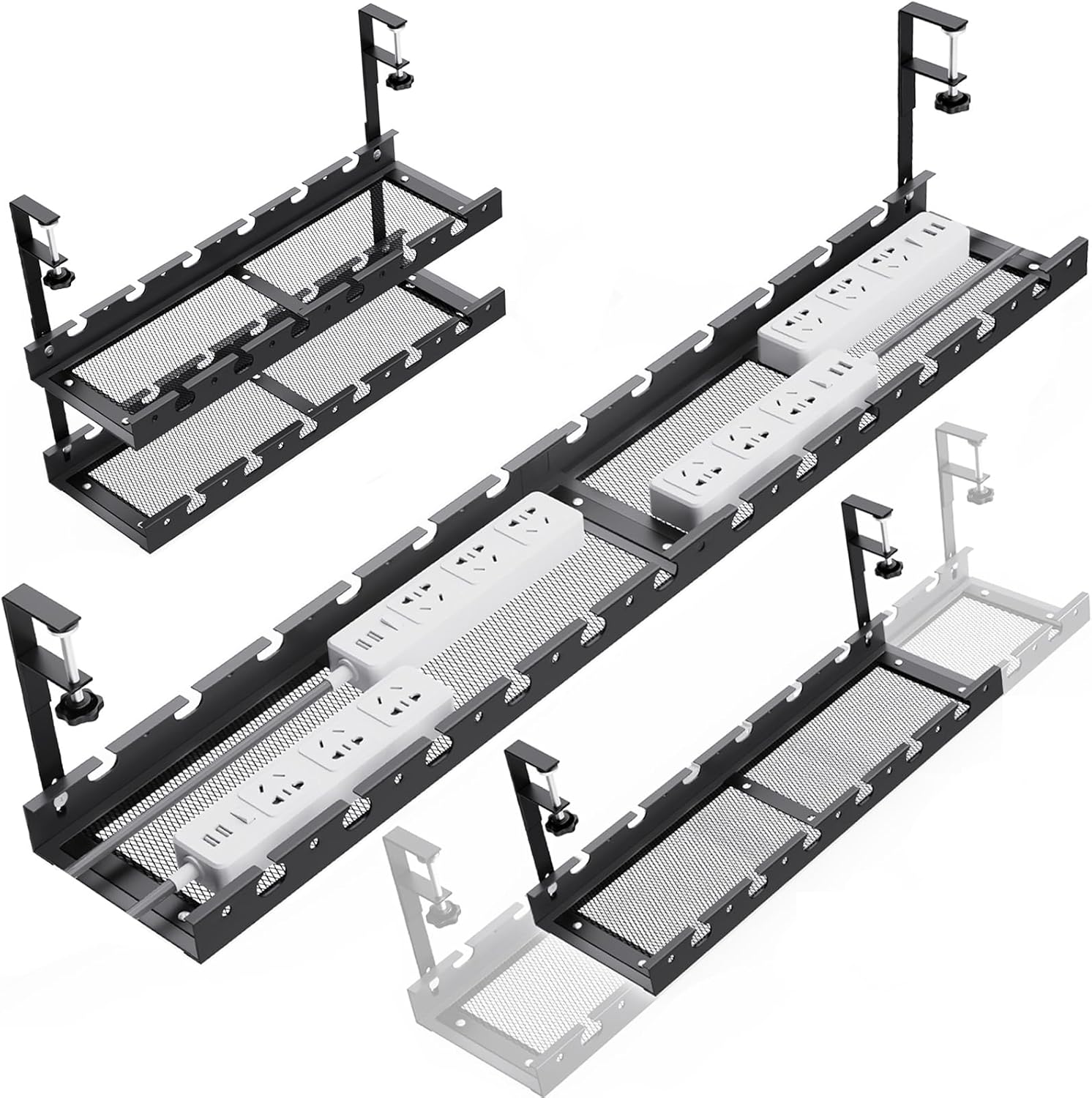 31Inch Extendable Under Desk Cable Management Tray Multi-Model Metal Cable Management Tray Under Desk Cord Management with Clamp Power Strip Cord Holder for Wire Cable Management, Black