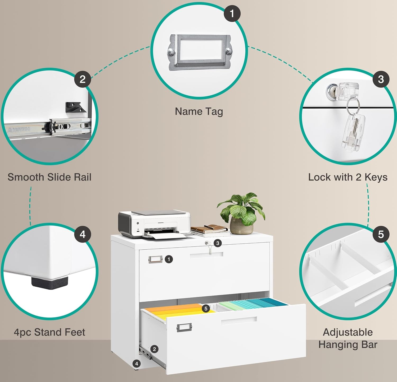 SISESOL 2 Drawer Lateral File Cabinet with Lock,White Lateral Filing Cabinet,Horizontal Metal Filing Cabinets,Locked Wide Two Drawer File Cabinets for Office Home,Fit A4/F4/Letter/Legal File