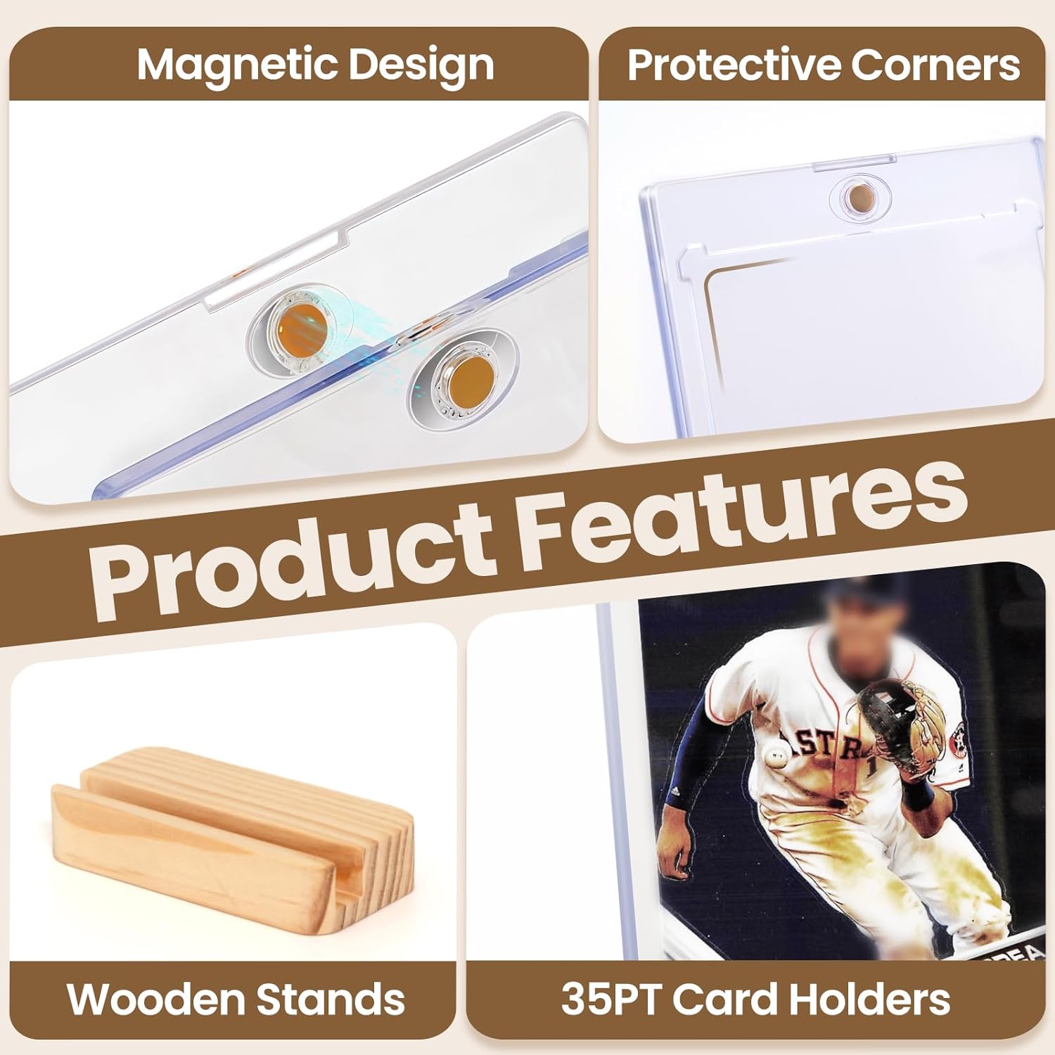 4Pack Magnetic Card Holders for Baseball Cards - Sports Card Protector with 4 Wooden Stands, 35pt Plastic Hard Card Sleeves Holder, Trading Card Display Stand for Graded Card, MTG, Sports and Game Cards
