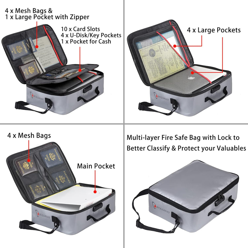 ROLOWAY Fireproof Document Bag with Lock (17 x 11.8 x 5 inch), Important Document Storage Bag with Multi-Layer File Organizers (Gray)