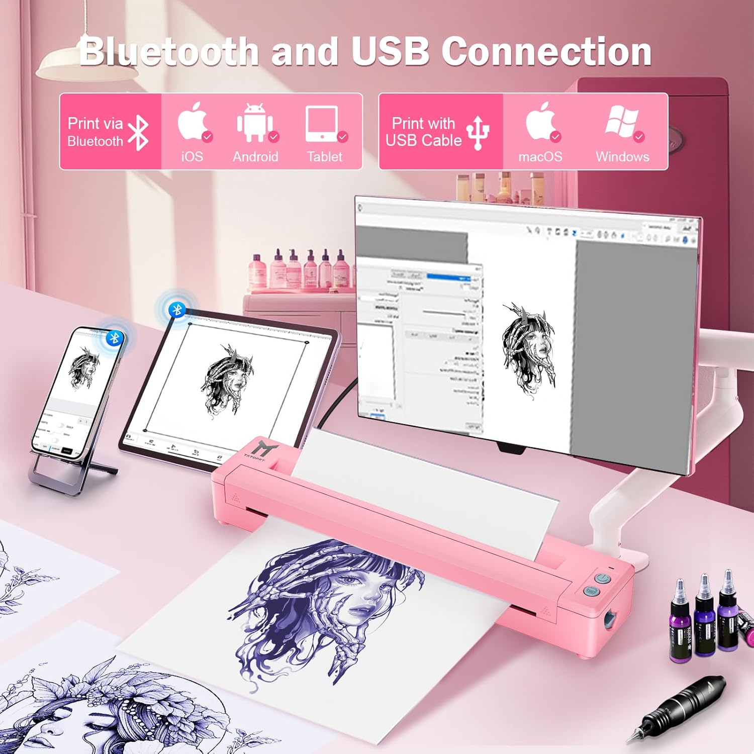 P19 Wireless Tattoo Stencil Printer Bluetooth Thermal Temporary Tattoo Transfer Printer Machine Kit for Tattoo Artists & Beginners