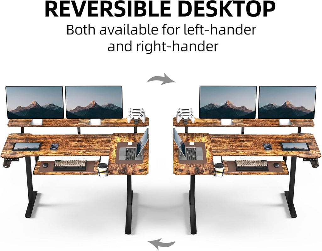 59 Inch L Shaped Standing Desk with Shelves and Keyboard, Electric Corner Standing Desk Adjustable Height, Sit Stand Computer Table with Reversiable Splice Board，Rustic Brown