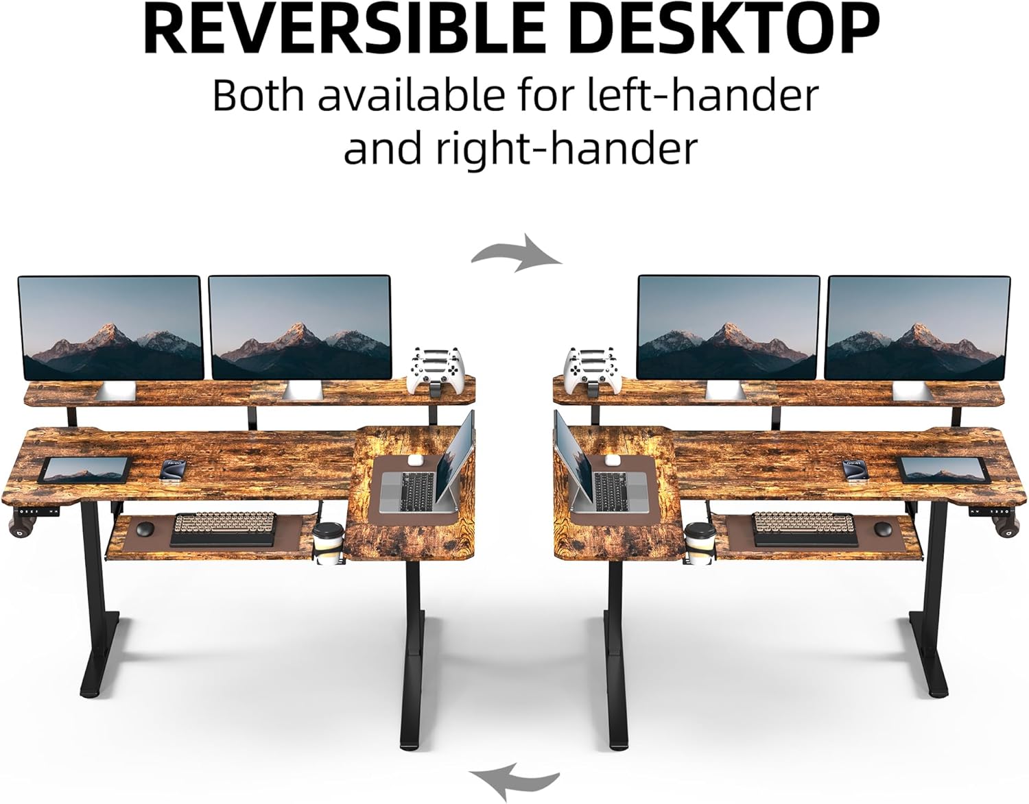 59 Inch L Shaped Standing Desk with Shelves and Keyboard, Electric Corner Standing Desk Adjustable Height, Sit Stand Computer Table with Reversiable Splice Board，Rustic Brown