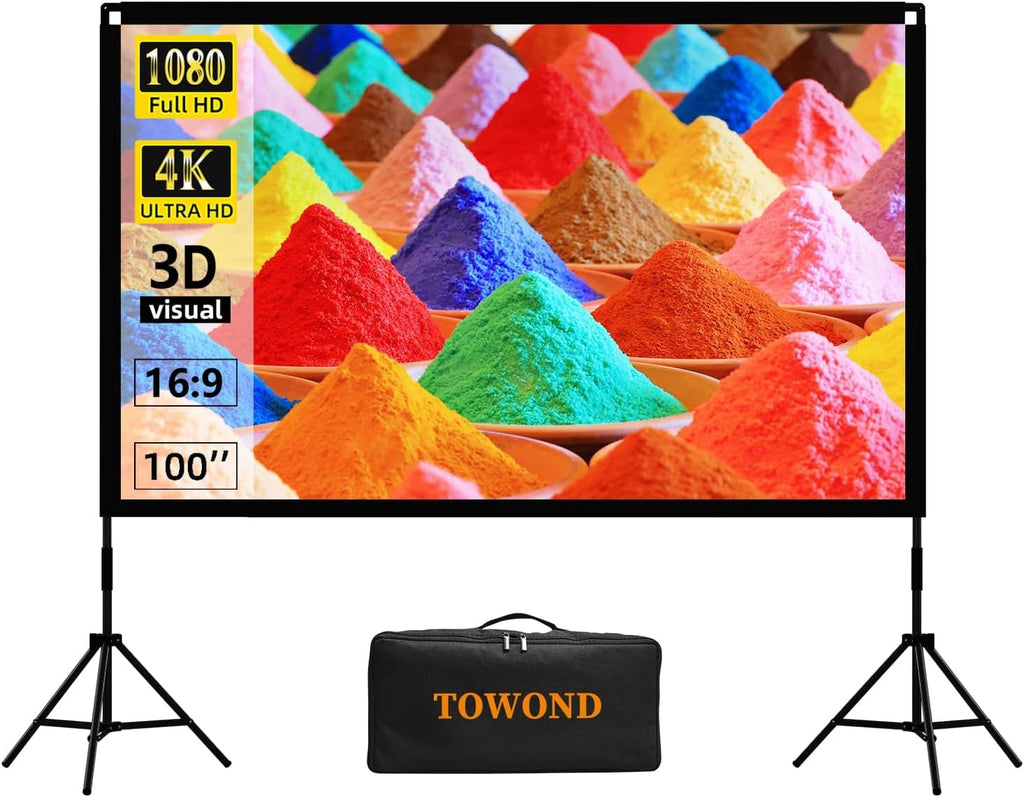 Projector Screen and Stand, Towond 100 inch Portable Movie Screen Indoor Outdoor 16:9 HD Front Rear Projection Screen with Carry Bag Wrinkle-Free and Foldable Polyester Fabric Design for Home Cinema