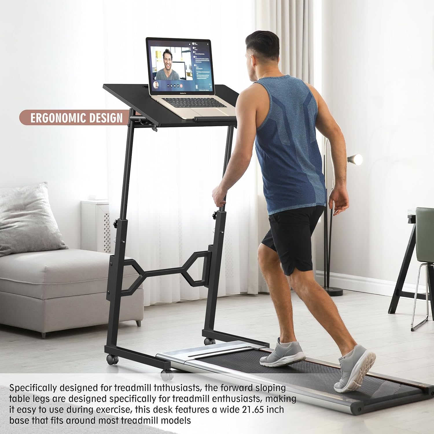Small Standing Desk with Wheels, Portable Treadmill Desk, Rolling Desk Adjustable Height for Laptop, Mobile Standing Table for Walking Pad, Bedside Table