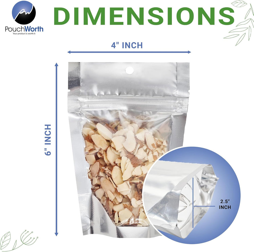 100 Pieces 4" x 6" Resealable Stand Up Pouch Bags Mylar Food Packaging with Clear Window and Tear Notches