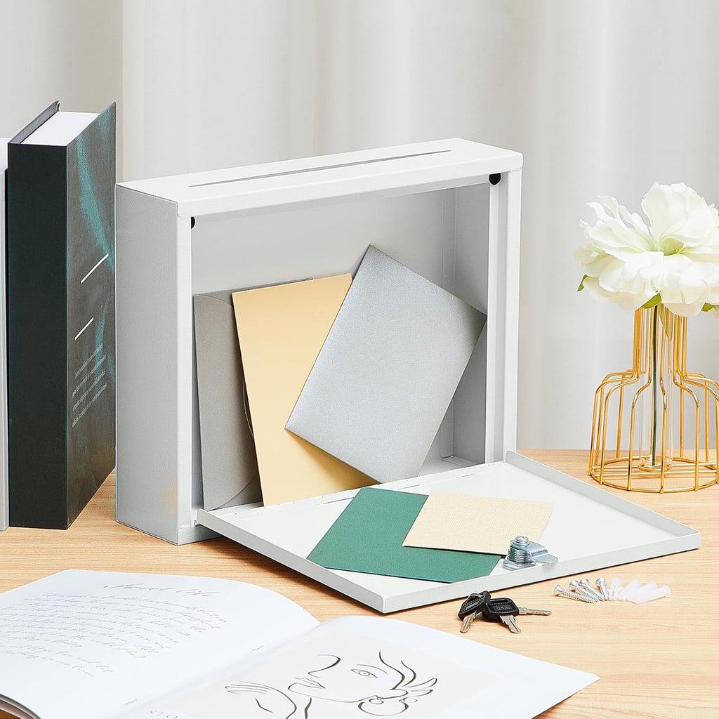 Metal Donation Box Suggestion Box with Slot and Lock-Cash for Money-Waterproof Drop Comment and Ballot Voting for Easy Wall mounting(White,12 x 10 x 3 Inches