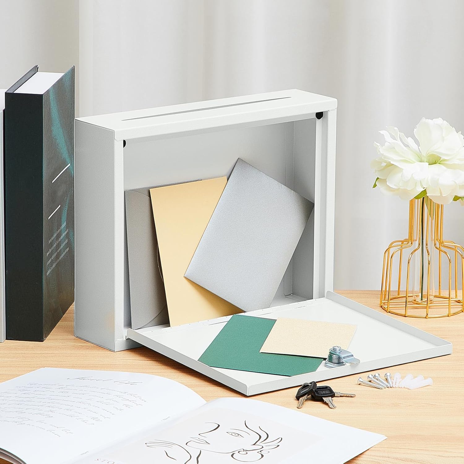 Metal Donation Box Suggestion Box with Slot and Lock-Cash for Money-Waterproof Drop Comment and Ballot Voting for Easy Wall mounting(White,12 x 10 x 3 Inches