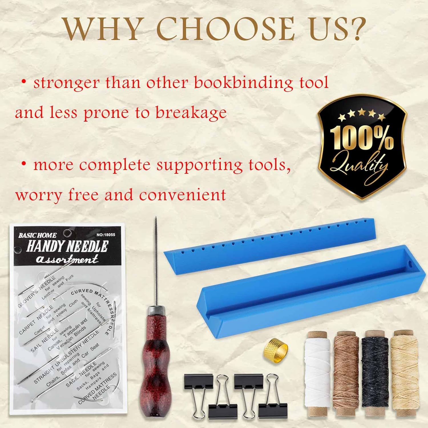 ARSTBETY Complete Bookbinding Kits for Beginners, Book Binding Starter Tool Supplies with Signature Punch Guide, Awl, 100ft Wax Thread, 7 Needles and Clips Thimble Ring