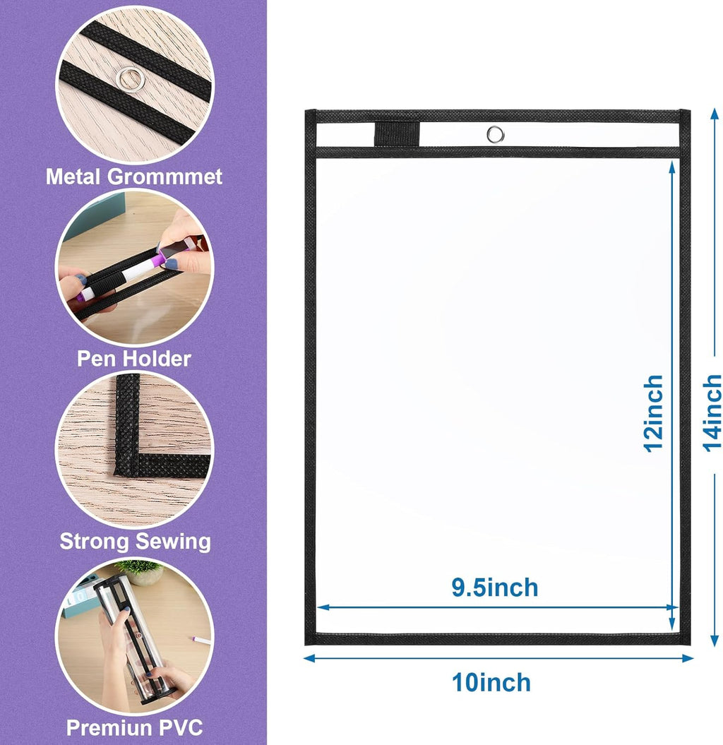 Nezyo Dry Erase Pockets Plastic Job Ticket Holders Shop Holder Order Pockets Clear Sleeves Tickets Folders Plastic Sleeves Paper Teacher Supplies for Classroom (14 x 10 in,Black,50 Pcs)