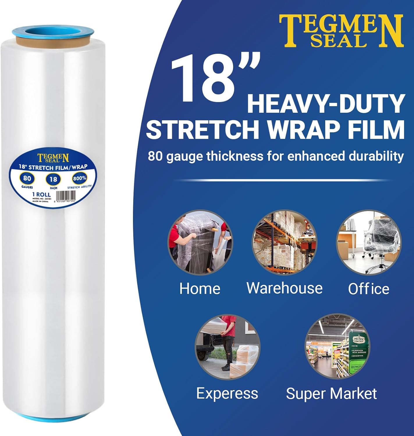 1-Pack 18" Stretch Wrap Rolls - 80 Gauge Industrial Strength Clear Film, 1200ft Length with Plastic Handle Option - Heavy Duty Self-Adhering for Moving, Shipping, Pallet Packing