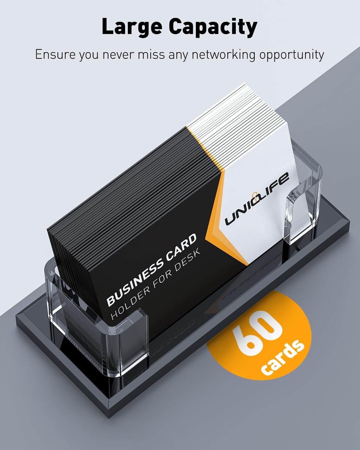 Uniclife Acrylic Business Card Holder for Desk 1 Slot Clear Horizontal Business Card Stand for Men & Women Desktop Name Card Display Stand Card Organizer for Office Home Exhibition, 60 Card Capacity