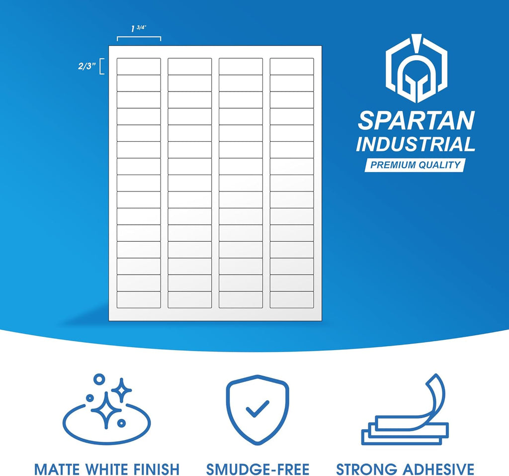 1 3/4" X 2/3" Matte White Return Address Labels Compatible with Inkjet and Laser Printers - 250 Sheets, 15000 Small Printable Stickers for Mailing, Barcodes, Organization - Spartan Industrial
