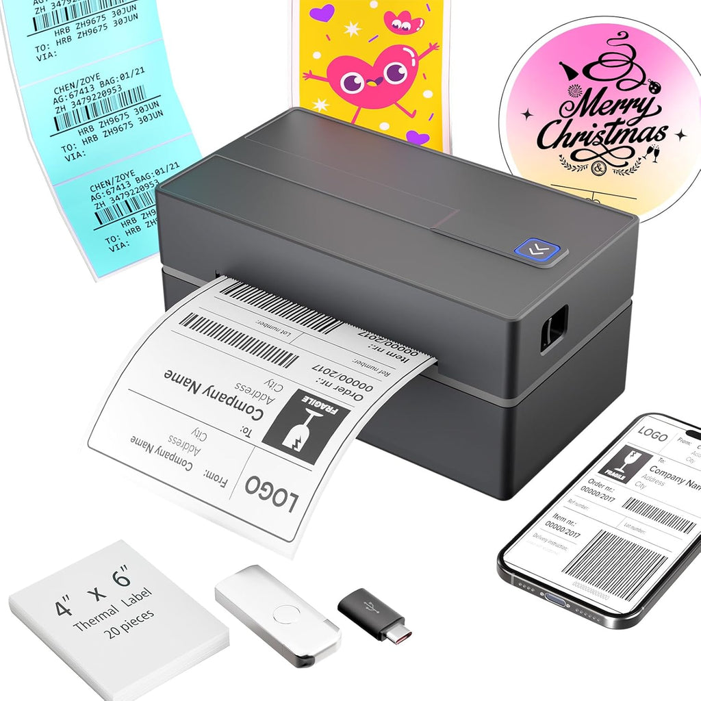 Bluetooth Thermal Shipping Label Printer: 4x6 Wireless Mini Clear Label Maker with Waterproof Tape for Small Business - Widely Used for USPS UPS Ebay Amazon Shopify Etsy