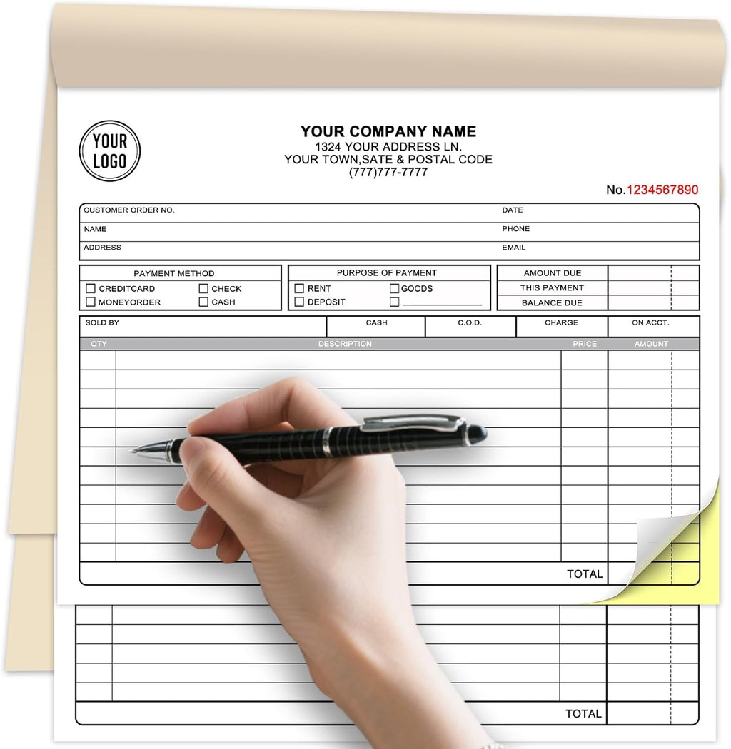 Custom Invoice Receipt Book for Small Business 8.5x7" Personalized 2-Part Contractor Duplicate Carbonless Sales Forms with Company Name Address Phone Number 100 Sets
