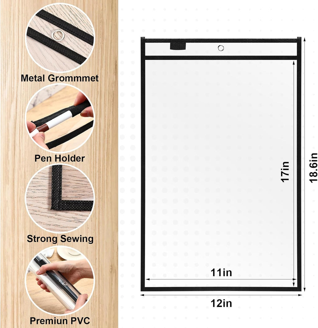 Nezyo Dry Erase Pockets Plastic Job Ticket Holders Shop Holder Order Pockets Clear Sleeves Tickets Folders Plastic Sleeves Paper Teacher Supplies for Classroom(12 x 18.6 in,Black,50 Pcs)