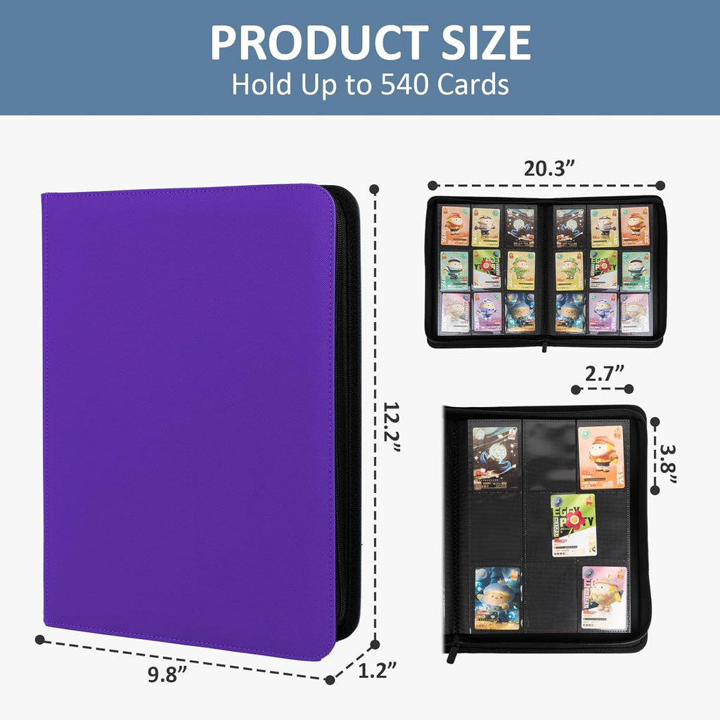 Trading Card Binder 9 Pocket with Zipper, Fvxldcz PU Cover Card Collection Binder 540 Cards Sleek Side-Loading Card Album, Sturdy Card Collection Folder for TCG, MTG, Yugioh, Sport Cards (Purple)
