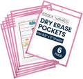 Essex Wares - 6 Pack, Pink, Dry Erase Pocket Document Protectors, 10" Wide x 13.5" Tall - Dry Erase Clear Plastic Sleeves - Reusable & Easy Erase Plastic Invoice Holders, Water-Resistant & Durable