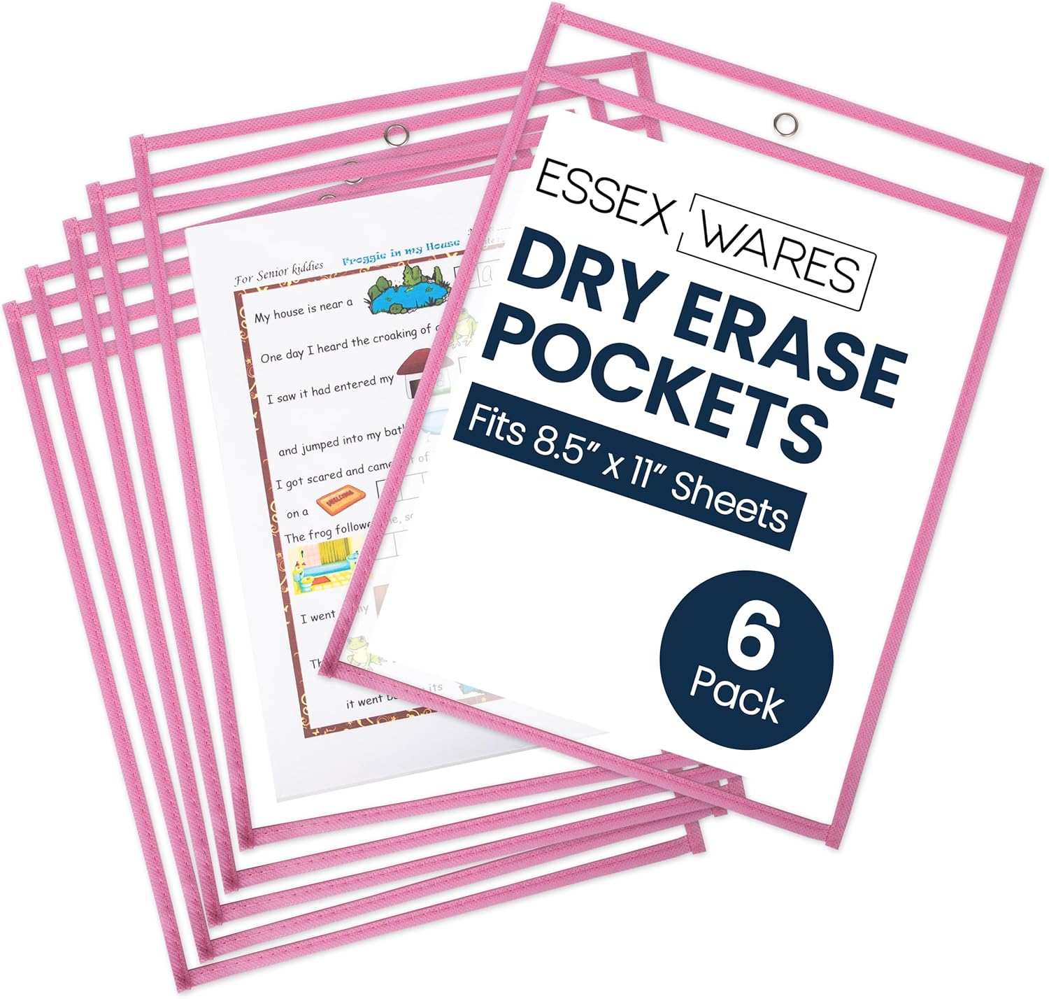 Essex Wares - 6 Pack, Pink, Dry Erase Pocket Document Protectors, 10" Wide x 13.5" Tall - Dry Erase Clear Plastic Sleeves - Reusable & Easy Erase Plastic Invoice Holders, Water-Resistant & Durable