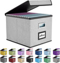 Huolewa Upgraded Portable File Organizer Box with Lid, Collapsible Linen Hanging Filing Storage Boxes with Plastic Slides, Decorative Home/Office Filing System Box for File and Folders Storage (Gray)