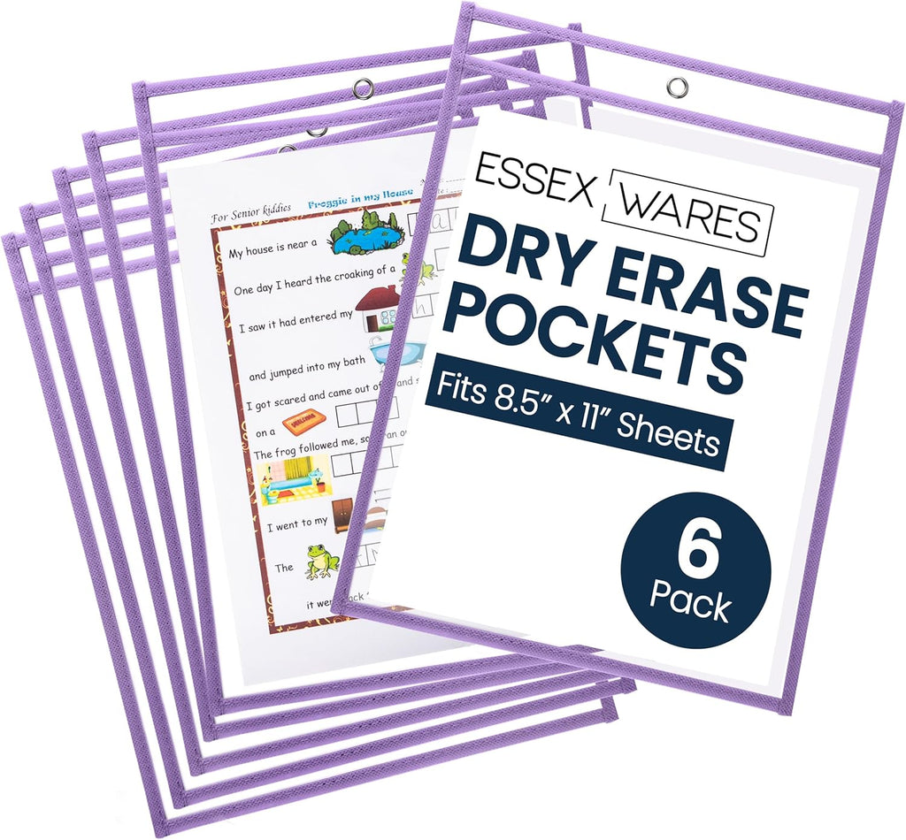 Essex Wares - 6 Pack, Light Purple, Water-Resistant Dry Erase Pocket Document Protectors, 10" Wide x 13.5" Tall - Dry Erase Clear Plastic Sleeves - Reusable & Easy Erase Plastic Invoice Holders