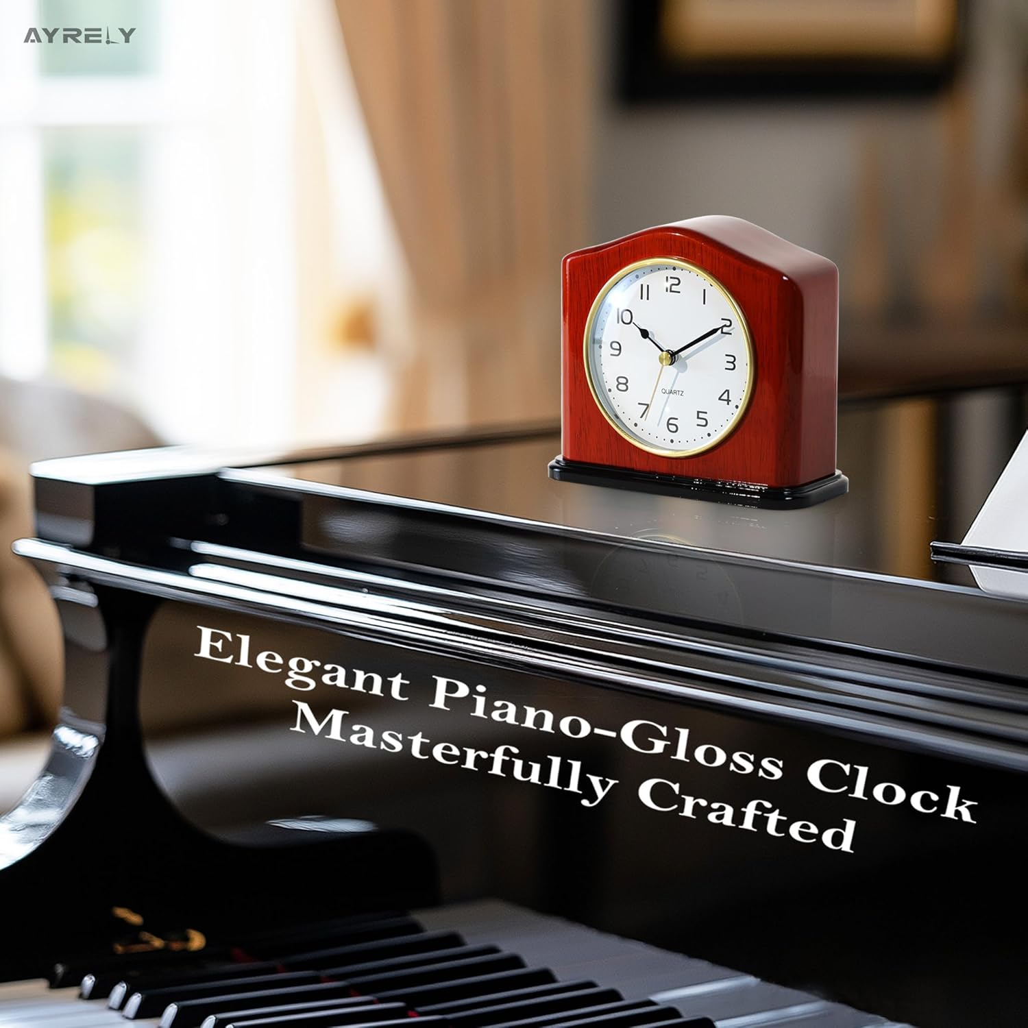 AYRELY® Mantel Clock, Handcrafted Solid Wood Desk Clock with Silent Movement, Piano-Gloss Finish, Elegant Table Clock for Fireplace, Bedroom, Office & Gifts