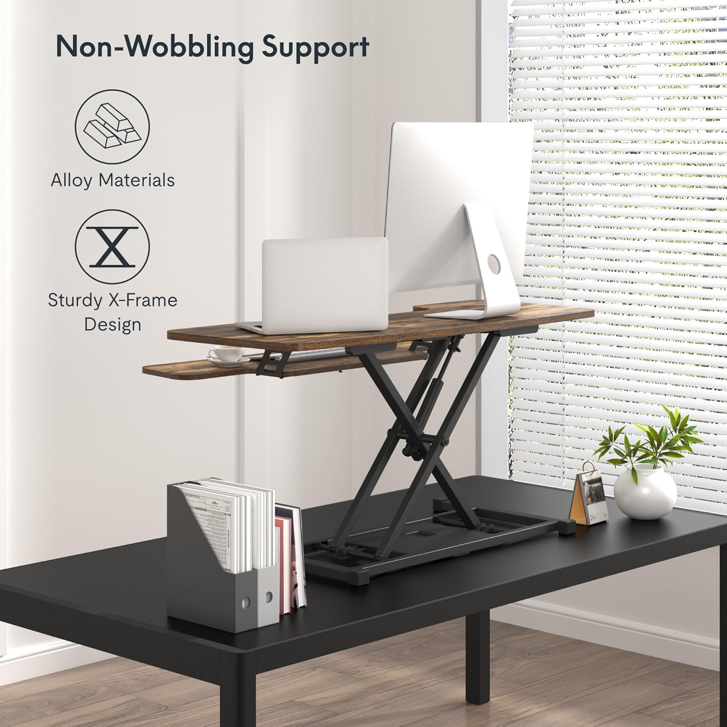 FLXISPOT 40in Standing Desk Converter, Height Adjustable Riser, Manual Lift with Gas Spring Monitor and Laptop Workstation, Rustic Color