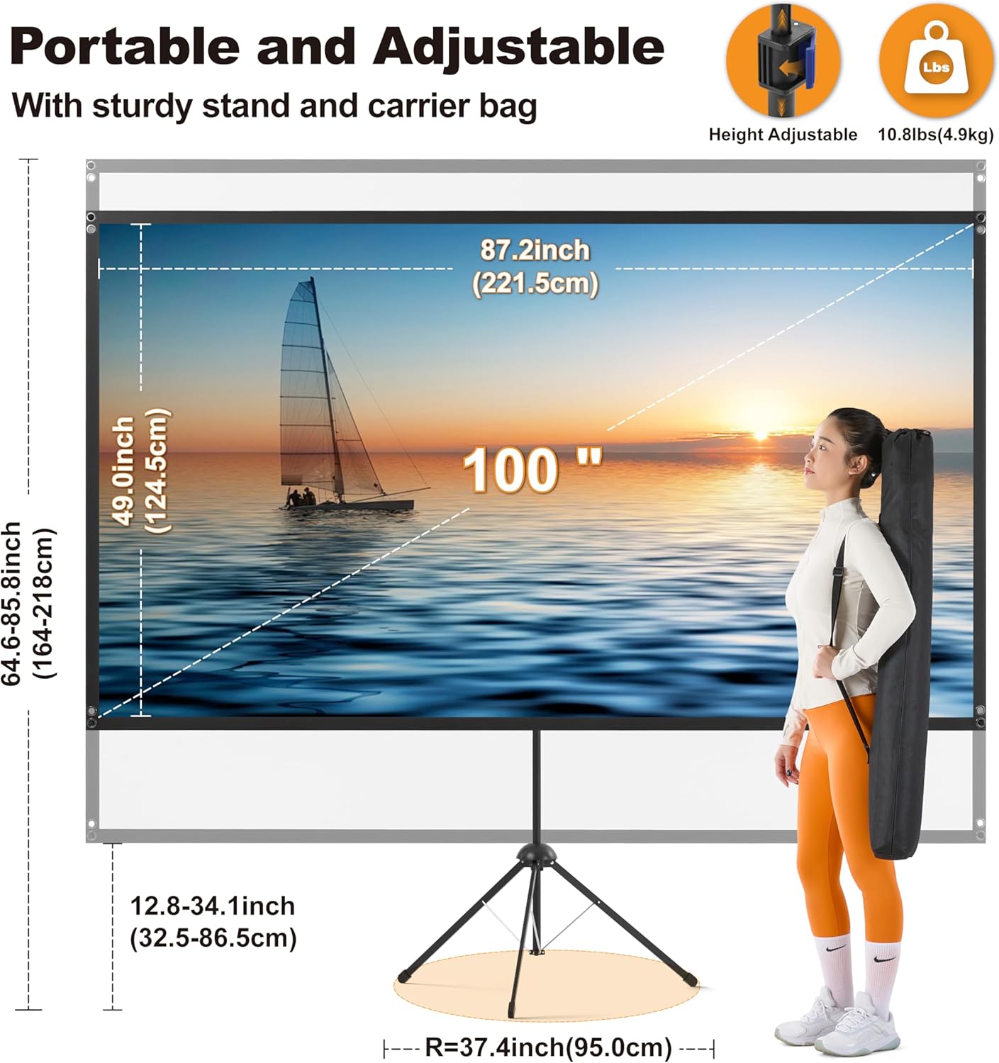 Outdoor Projector Screen 100 Inch, 16:9, High Gain, Projector Screen with Stand, Wind-resistant Design for Portable Projection Screen Outdoor, With Ropes and Spikes, 4K Image for Home Theater, Camping