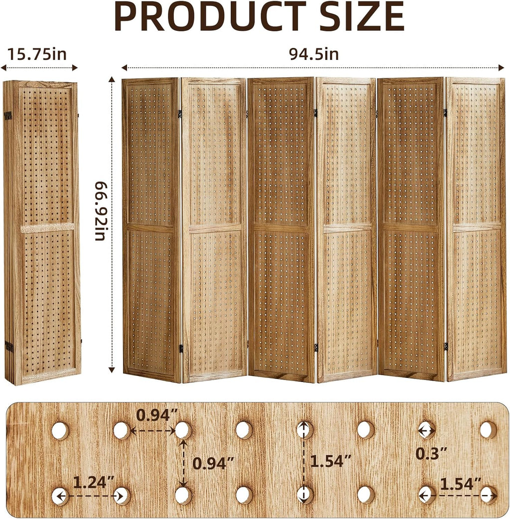 6 Panel Pegboard Display with 24 Hooks, Pegboard Room Divider and Folding Privacy Screens, Privacy Dividers for Rooms, Wooden Room Divider Wall, Jewelry Store, Bedroom, Balcony, Light Brown